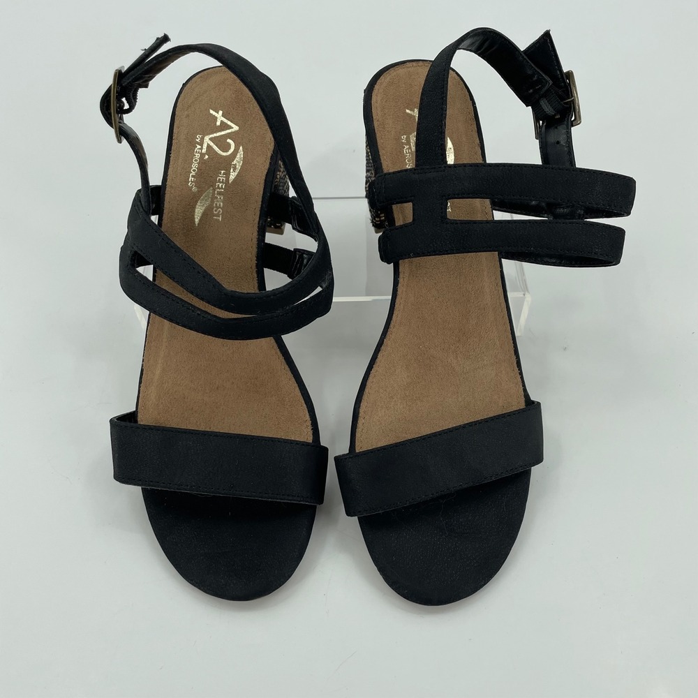 A2 Aerosoles Womens Sandals 8 Black EUC Heelrest Block Heel Woven Detail Strappy - Picture 2 of 11